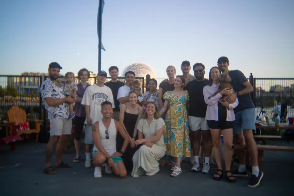 The whole team on a rooftop at sunset